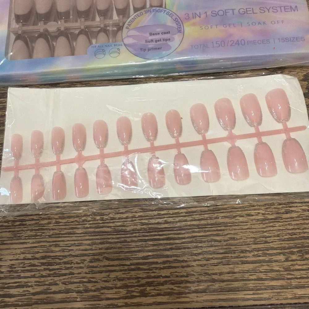 Easy Application Press On Nails Set + 3 In 1 Soft Gel Soak Off Pink Long Coffin